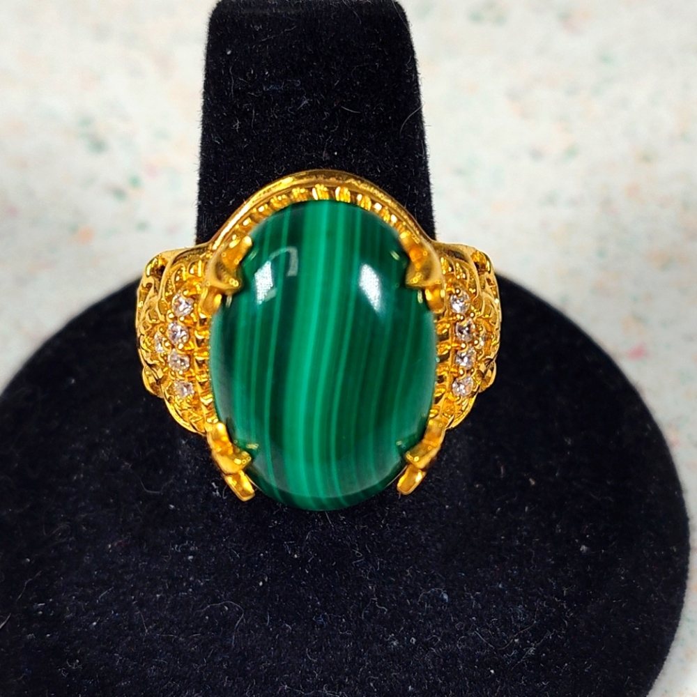 Vintage Karis Gold Tone Over Bronze Malachite Ring Size 8